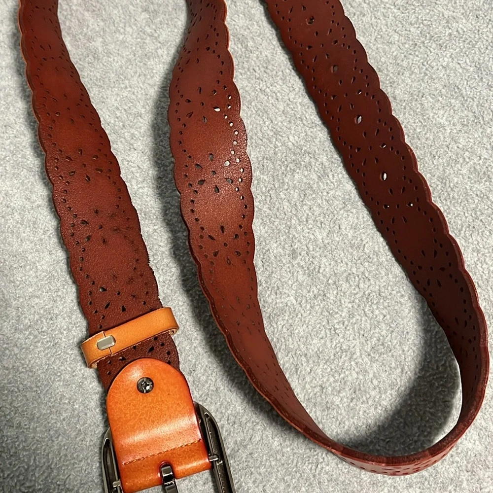 Boho Leather Tooled Belt Silver Tone Metal Buckle Western Festival
